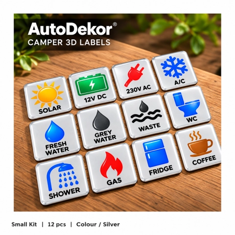 Camper & Caravan 3D Domed Labels – Small Kit – 12 pcs – RGB Metallic Silver