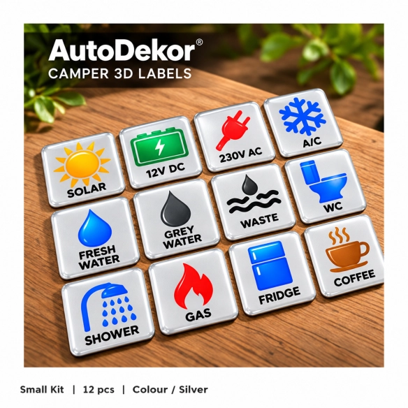Camper & Caravan 3D Domed Labels – Small Kit – 12 pcs – RGB Metallic Silver