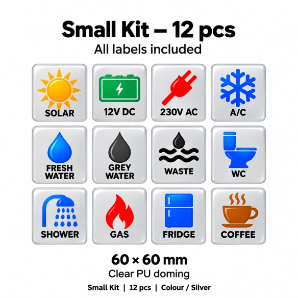 Camper & Caravan 3D Domed Labels – Small Kit – 12 pcs – RGB Metallic Silver
