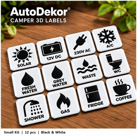 Camper & Caravan 3D Domed Labels – Small Kit – 12 pcs – Black & White