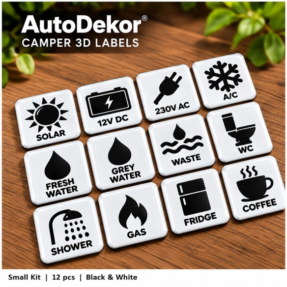 Camper & Caravan 3D Domed Labels – Small Kit – 12 pcs – Black & White