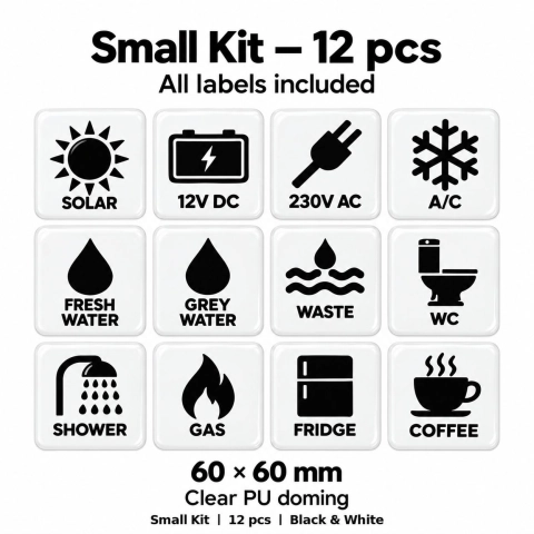 Camper & Caravan 3D Domed Labels – Small Kit – 12 pcs – Black & White 2