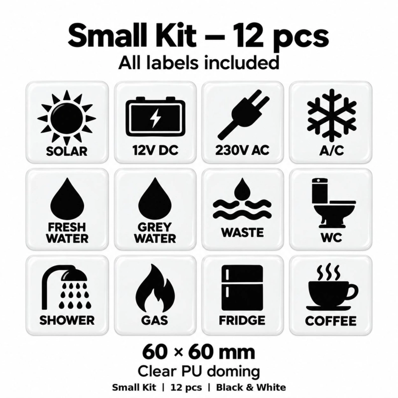 Camper & Caravan 3D Domed Labels – Small Kit – 12 pcs – Black & White