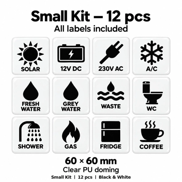 Camper & Caravan 3D Domed Labels – Small Kit – 12 pcs – Black & White