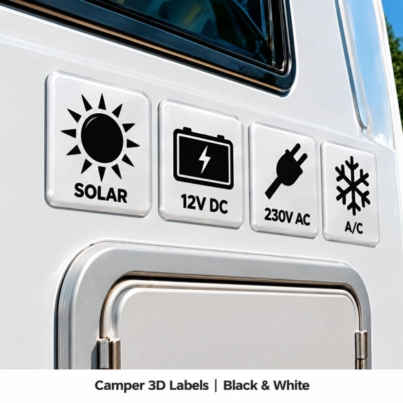 Camper & Caravan 3D Domed Labels – Small Kit – 12 pcs – Black & White
