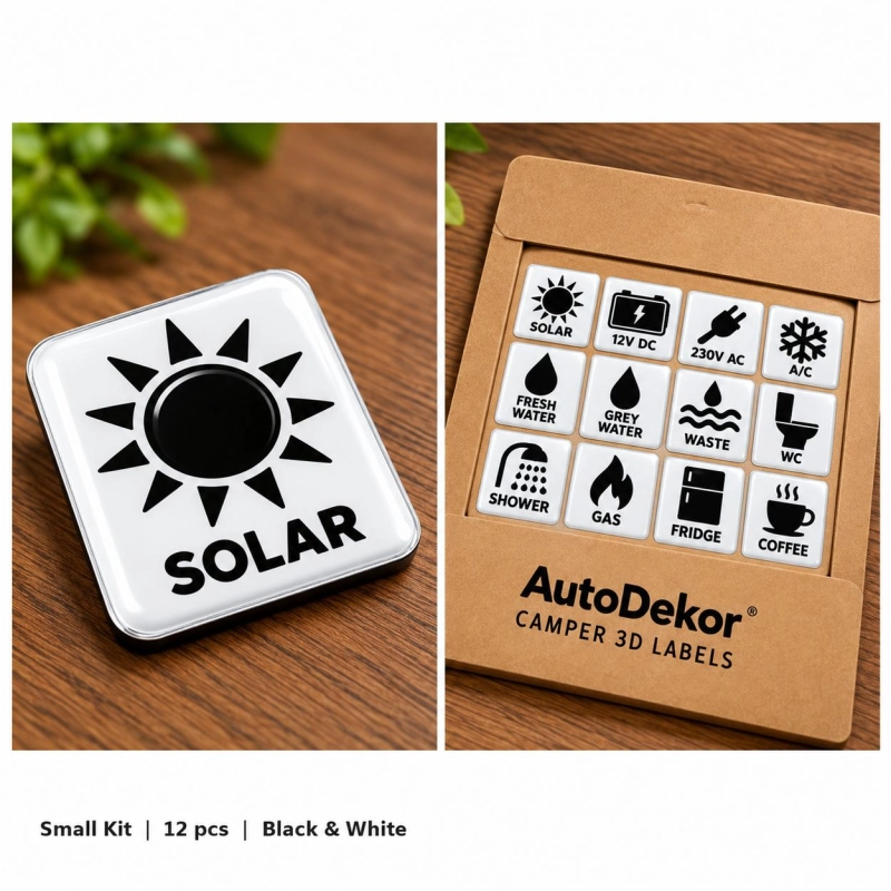 Camper & Caravan 3D Domed Labels – Small Kit – 12 pcs – Black & White