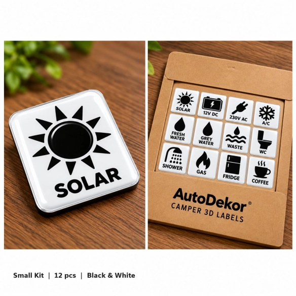Camper & Caravan 3D Domed Labels – Small Kit – 12 pcs – Black & White