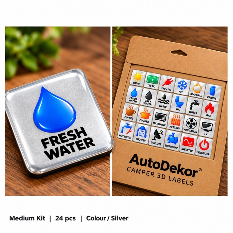 Camper & Caravan 3D Domed Labels – Medium Kit – 24 pcs – RGB Metallic Silver