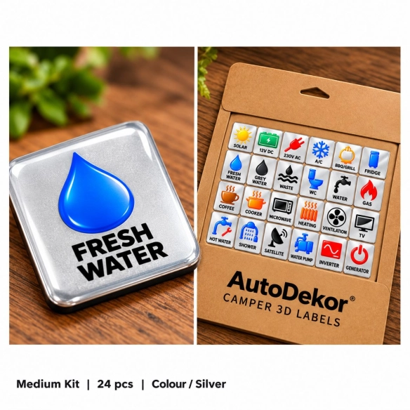 Camper & Caravan 3D Domed Labels – Medium Kit – 24 pcs – RGB Metallic Silver