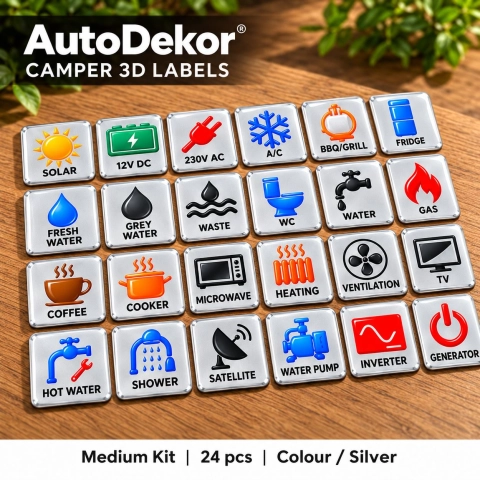 Camper & Caravan 3D Domed Labels – Medium Kit – 24 pcs – RGB Metallic Silver