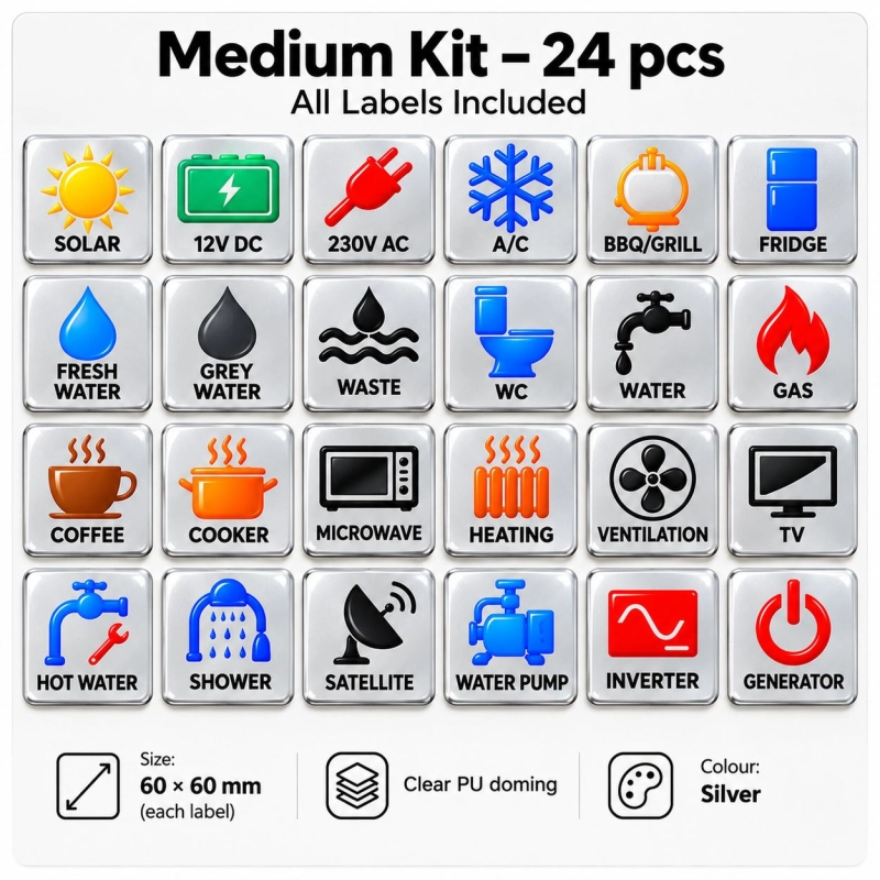 Camper & Caravan 3D Domed Labels – Medium Kit – 24 pcs – RGB Metallic Silver
