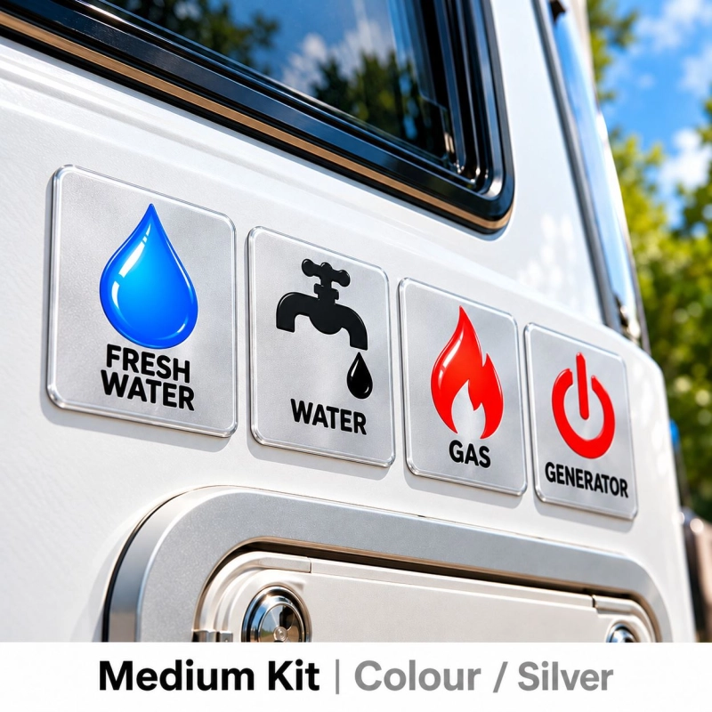 Camper & Caravan 3D Domed Labels – Medium Kit – 24 pcs – RGB Metallic Silver