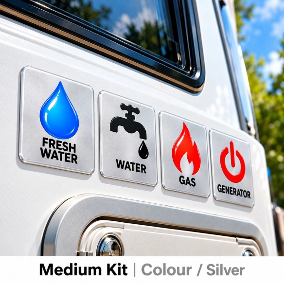 Camper & Caravan 3D Domed Labels – Medium Kit – 24 pcs – RGB Metallic Silver