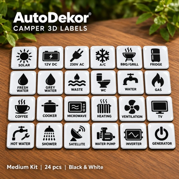 Camper & Caravan 3D Domed Labels – Medium Kit – 24 pcs – Black & White