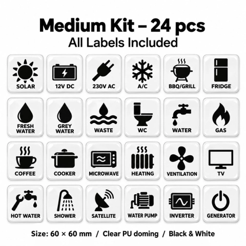 Camper & Caravan 3D Domed Labels – Medium Kit – 24 pcs – Black & White 2