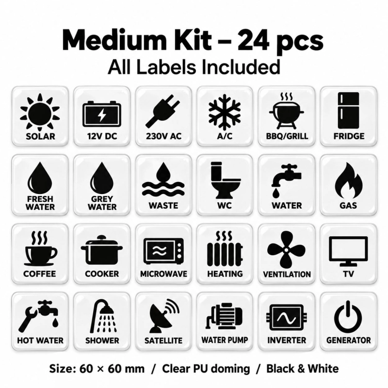 Camper & Caravan 3D Domed Labels – Medium Kit – 24 pcs – Black & White