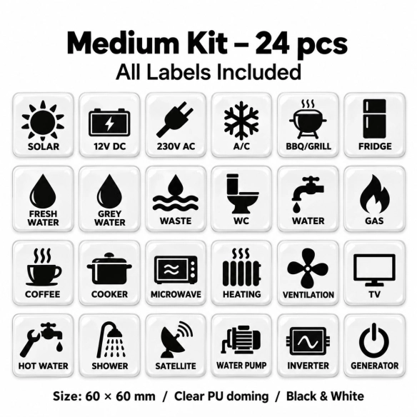 Camper & Caravan 3D Domed Labels – Medium Kit – 24 pcs – Black & White