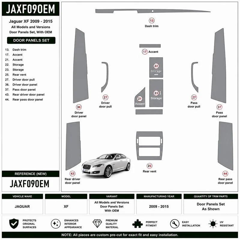 Jaguar XF 2009-2015 Komplettset, With OEM 3D Armaturenbrett-Dekor-Set