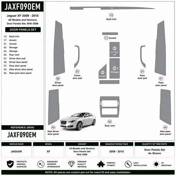 Jaguar XF 2009-2015 Komplettset, With OEM 3D Armaturenbrett-Dekor-Set