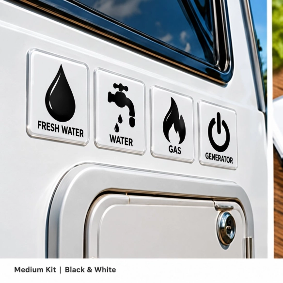 Camper & Caravan 3D Domed Labels – Medium Kit – 24 pcs – Black & White