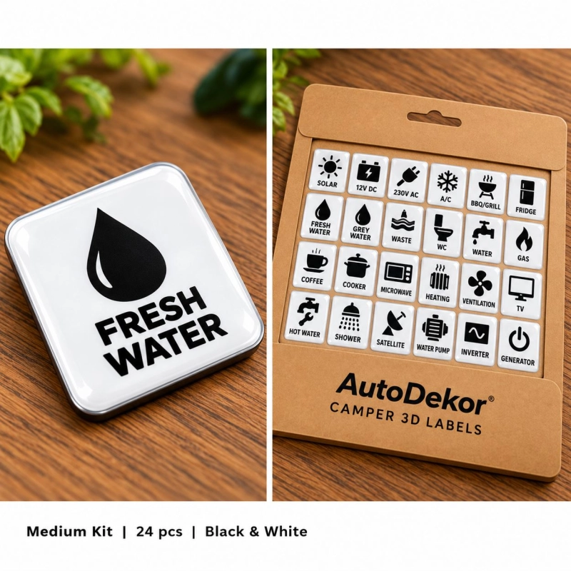 Camper & Caravan 3D Domed Labels – Medium Kit – 24 pcs – Black & White