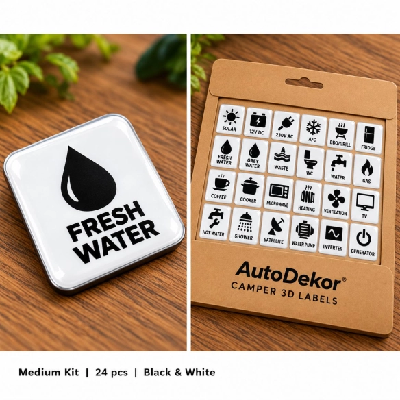 Camper & Caravan 3D Domed Labels – Medium Kit – 24 pcs – Black & White