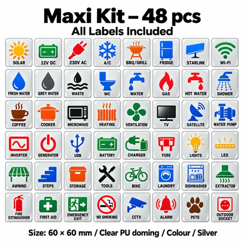 Camper & Caravan 3D Domed Labels – Maxi Kit – 48 pcs – RGB Metallic Silver