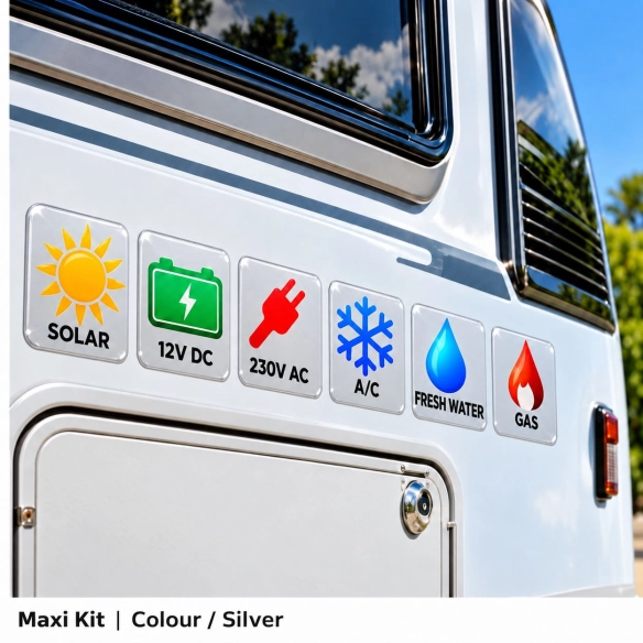Camper & Caravan 3D Domed Labels – Maxi Kit – 48 pcs – RGB Metallic Silver