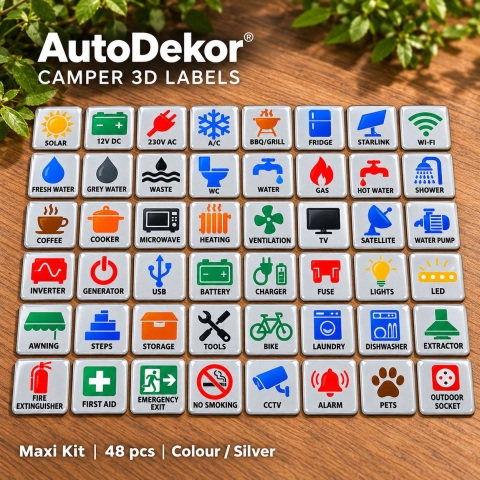 Camper & Caravan 3D Domed Labels – Maxi Kit – 48 pcs – RGB Metallic Silver