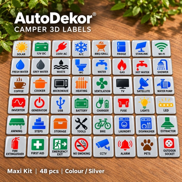 Camper & Caravan 3D Domed Labels – Maxi Kit – 48 pcs – RGB Metallic Silver