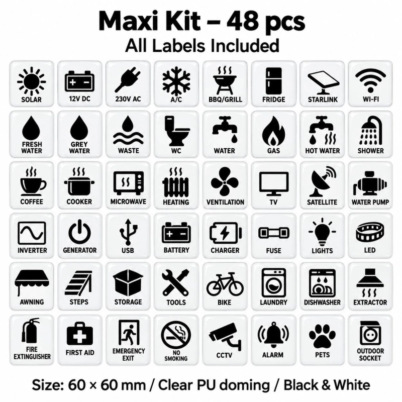Camper & Caravan 3D Domed Labels – Maxi Kit – 48 pcs – Black & White