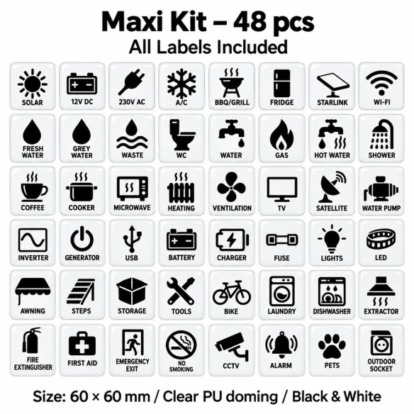 Camper & Caravan 3D Domed Labels – Maxi Kit – 48 pcs – Black & White