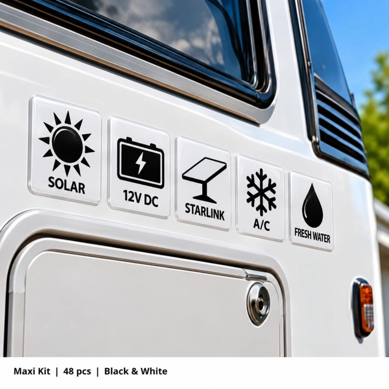 Camper & Caravan 3D Domed Labels – Maxi Kit – 48 pcs – Black & White