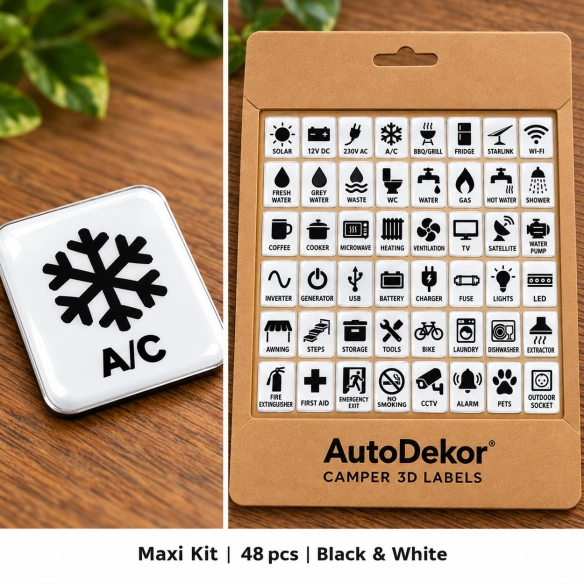 Camper & Caravan 3D Domed Labels – Maxi Kit – 48 pcs – Black & White
