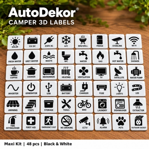 Camper & Caravan 3D Domed Labels – Maxi Kit – 48 pcs – Black & White