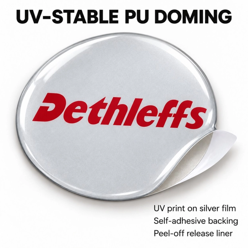 Dethleffs Doming-Aufkleber für Nabenkappen – 56 mm – 4er-Set – Schriftzug