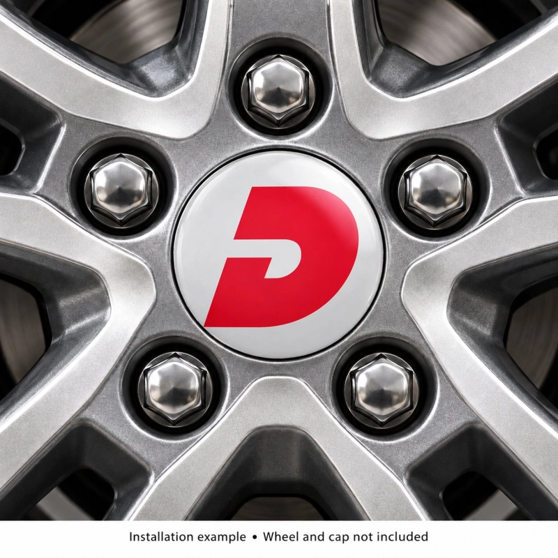 Dethleffs Doming-Aufkleber für Nabenkappen – 56 mm – 4er-Set – rotes D-Symbol