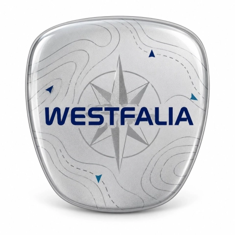 Westfalia – selbstklebender Emblem-Einsatz für den Kühlergrill | graue Metallic-Vinylfolie | 64 × 58 mm