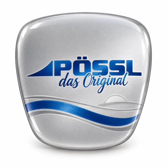 Pössl – selbstklebender Emblem-Einsatz für den Kühlergrill | graue Metallic-Vinylfolie | 64 × 58 mm