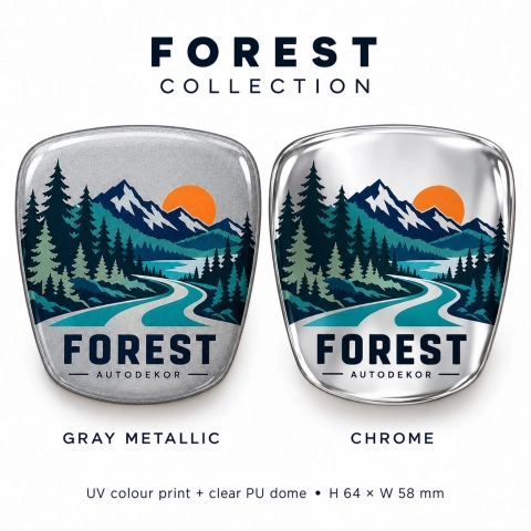 AutoDekor Forest – selbstklebender Emblem-Einsatz für den Kühlergrill | graue Metallic-Vinylfolie | 64 × 58 mm