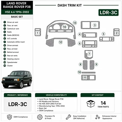 Land Rover Range Rover P38 1996-2002 46 HSE 2001-2002 Komplettset 3D Armaturenbrett-Dekor-Set, 14 Teile