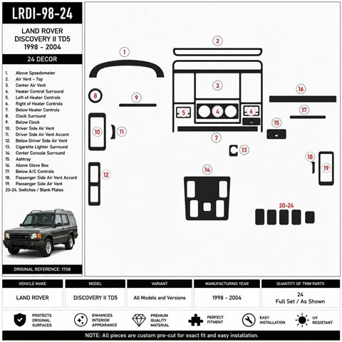 Land Rover Discovery II TD5 1998-2004 3D Armaturenbrett-Dekor-Set, 24 Teile