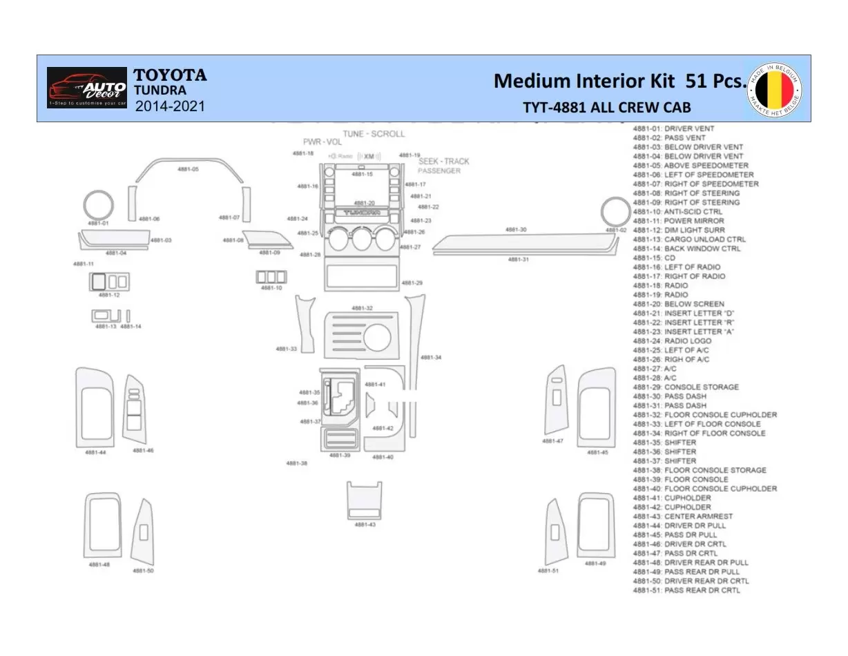 Toyota Tundra 2014-2021 Mittelkonsole Armaturendekor WHZ Cockpit Dekor 51 Teilige - 1- Cockpit Dekor Innenraum