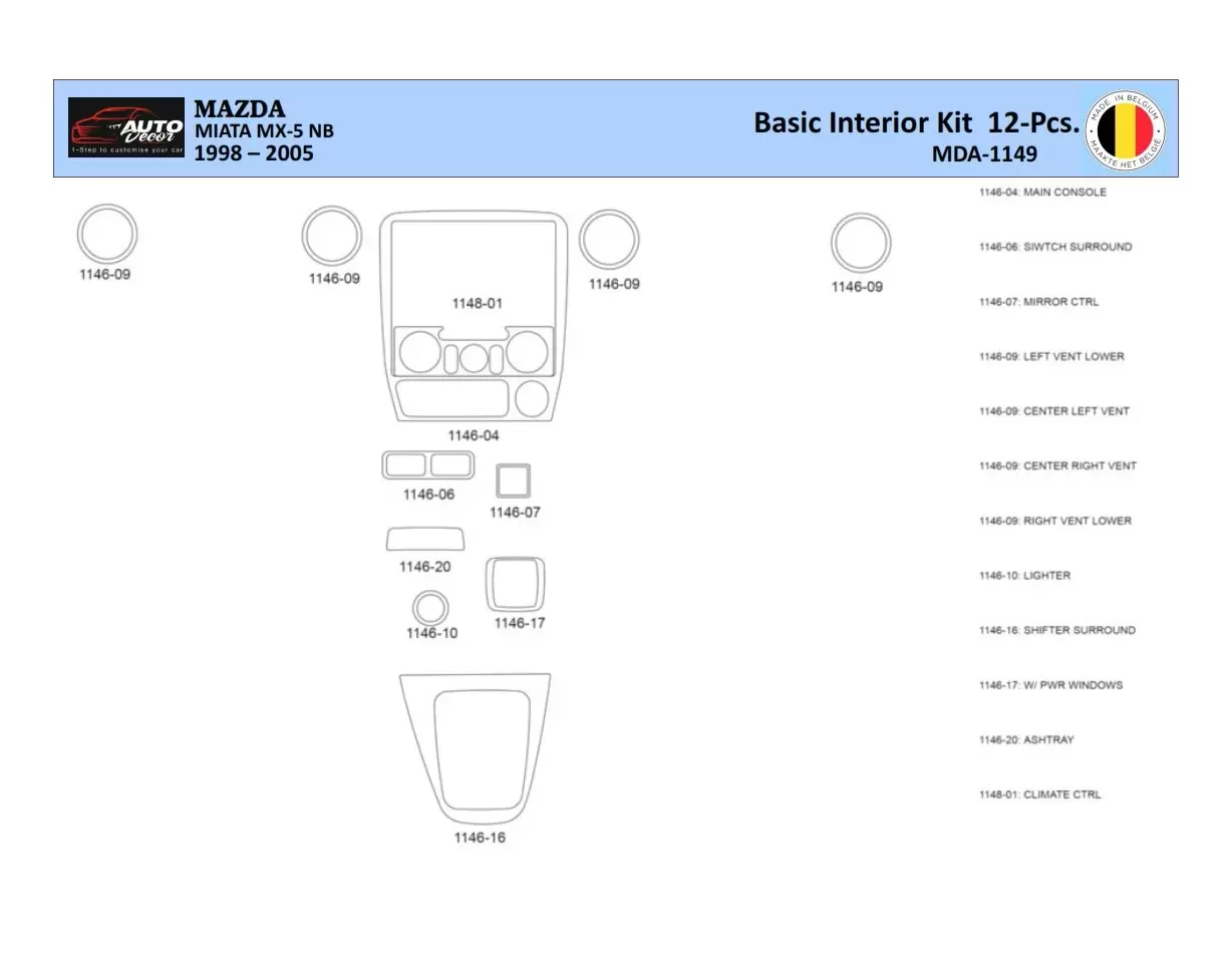 Mazda MX5 2000 Mittelkonsole Armaturendekor WHZ Cockpit Dekor 12 Teilige - 1- Cockpit Dekor Innenraum