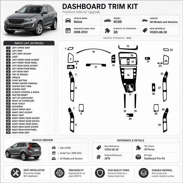 Volvo XC60 2008-2012 3D Armaturenbrett-Dekor-Set, 30 Teile