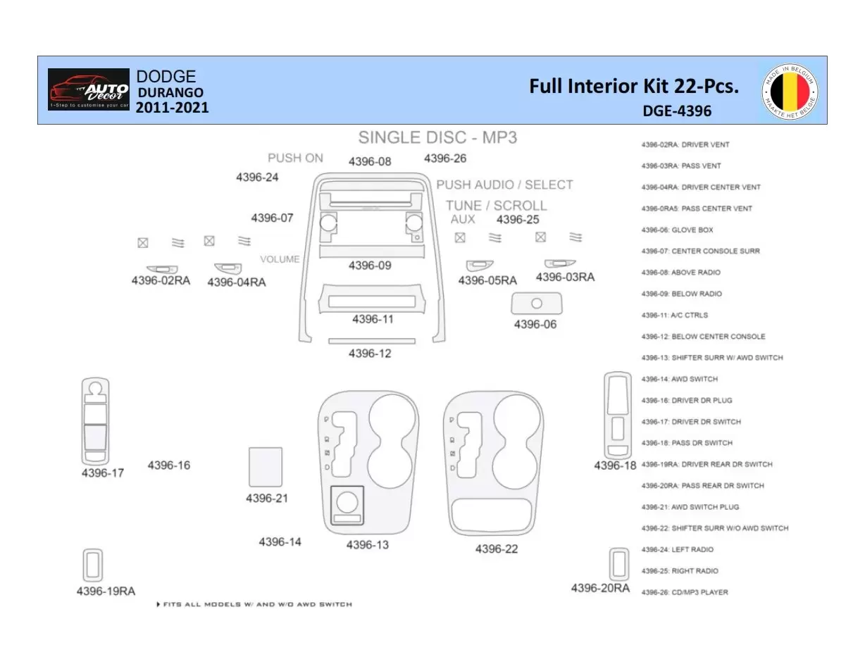 Dodge Durango WD 2011-2022 Mittelkonsole Armaturendekor WHZ Cockpit Dekor 22 Teilige - 1- Cockpit Dekor Innenraum