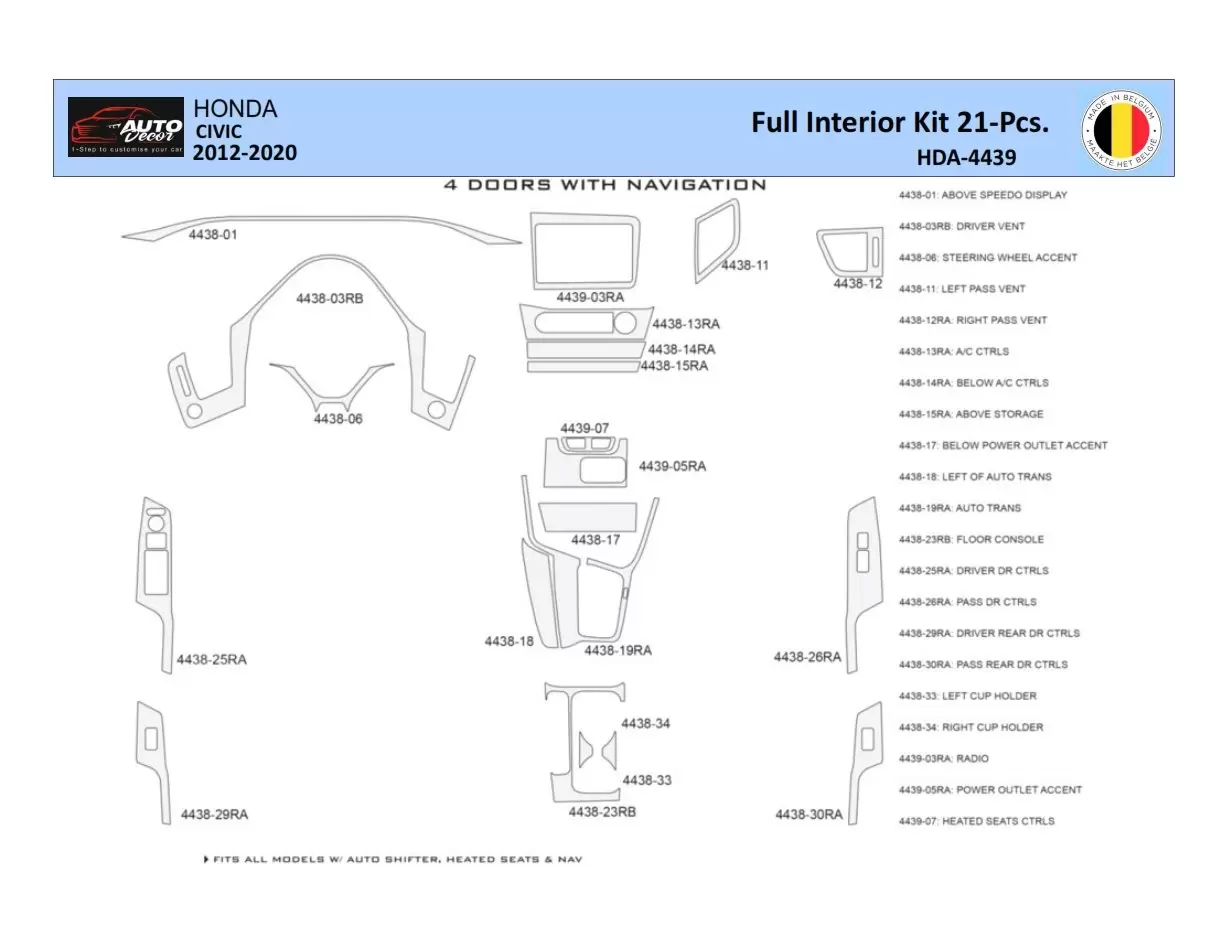 Honda Civic X 2012-2015 Mittelkonsole Armaturendekor WHZ Cockpit Dekor 21 Teilige - 1- Cockpit Dekor Innenraum