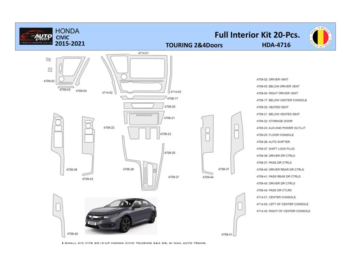 Honda Civic XI 2015-2021 Mittelkonsole Armaturendekor WHZ Cockpit Dekor 20 Teilige
