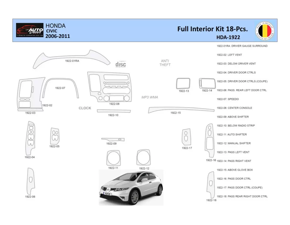 Honda Civic 2006-2011 Mittelkonsole Armaturendekor WHZ Cockpit Dekor 18 Teilige - 1- Cockpit Dekor Innenraum