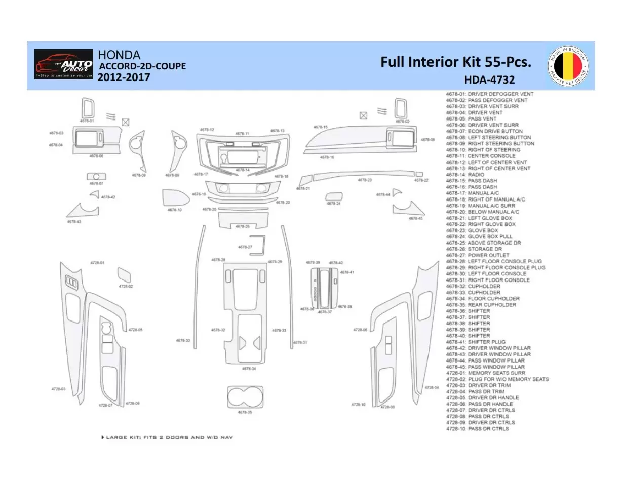 Honda Accord 2014-2022 Mittelkonsole Armaturendekor WHZ Cockpit Dekor 55 Teilige - 1- Cockpit Dekor Innenraum